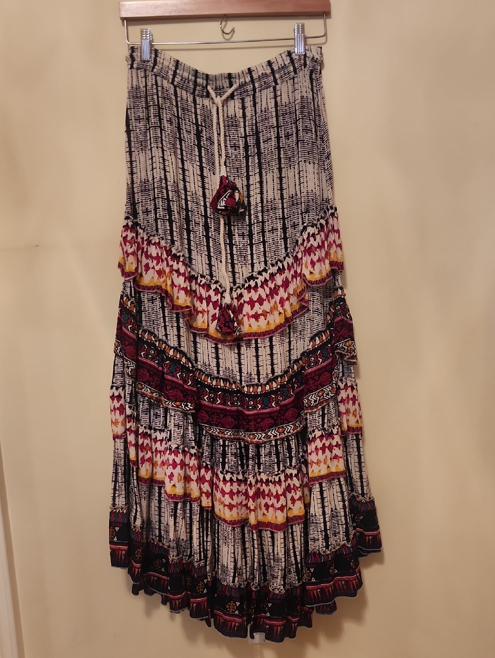 Tiered Boho Maxi Skirt in Cream, Black & Burgundy